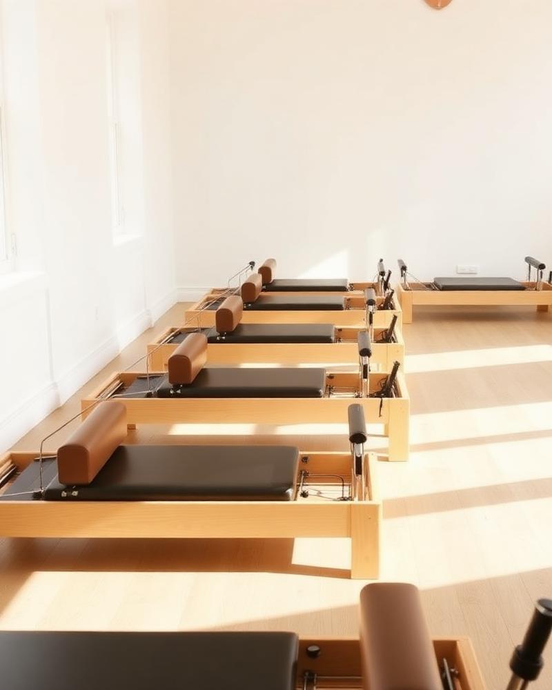 Camillas de madera de Pilates Reformer alineadas en el estudio